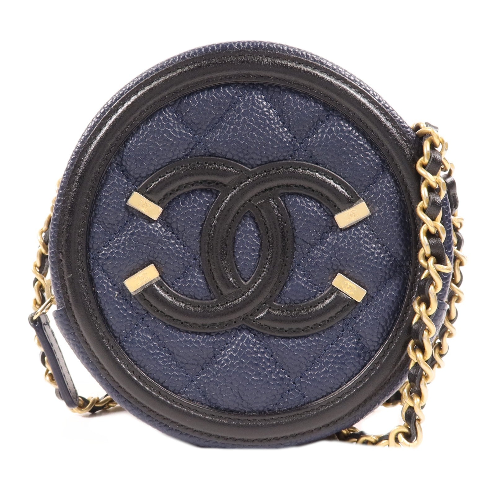 Chanel CC GHW Filigree Round Chain Shoulder Bag - Navy/Black, Calfskin Leather