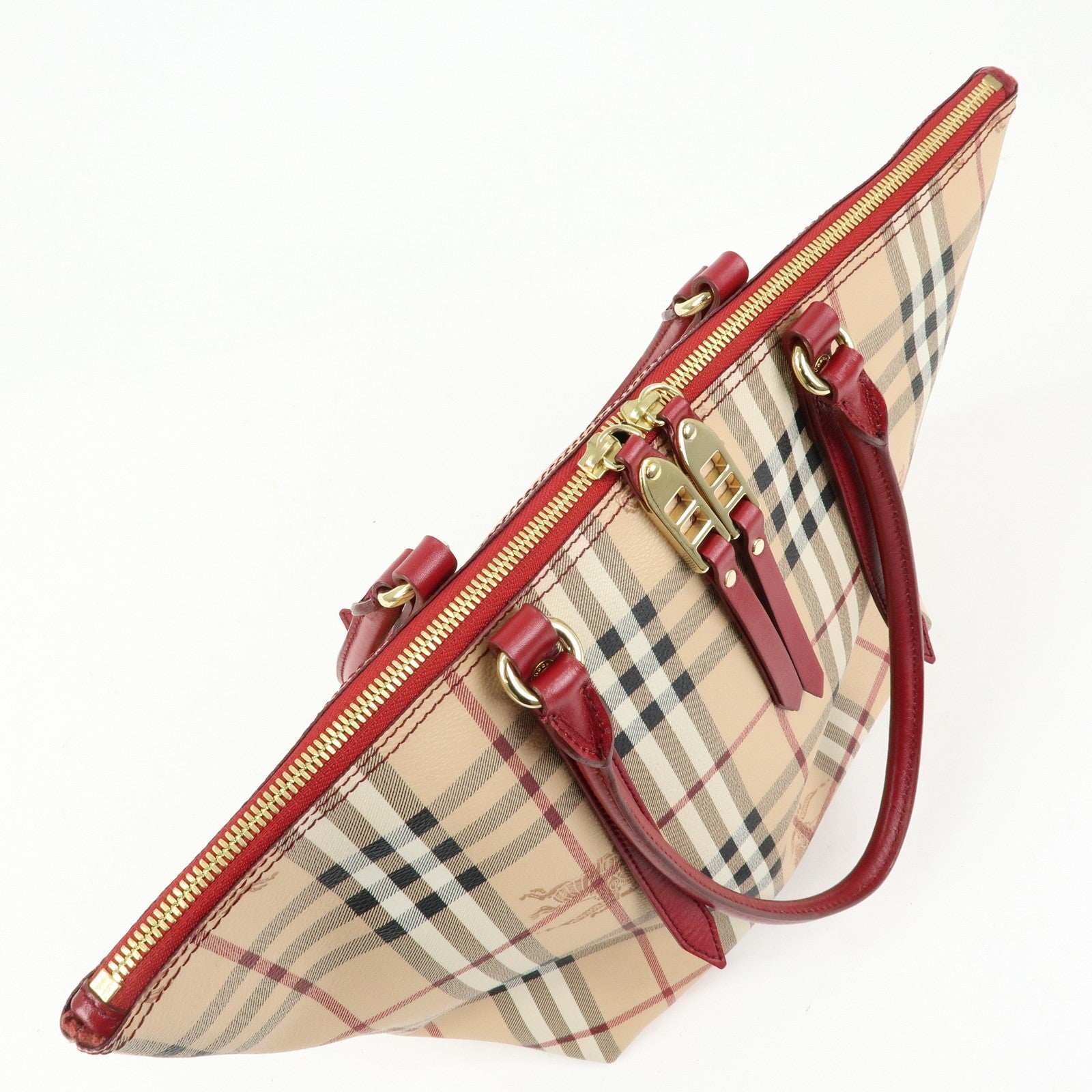 Burberry Nova Plaid Tote Bag - Beige, Red, PVC Leather 