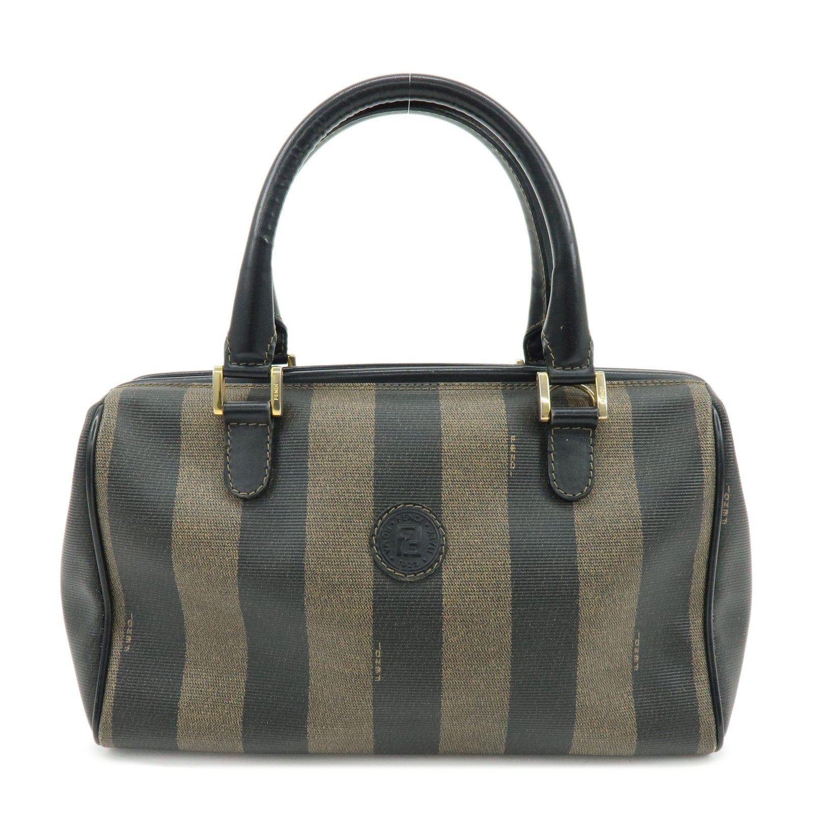 Fendi Pequin Boston Hand Bag - Black, Brown, PVC, Leather