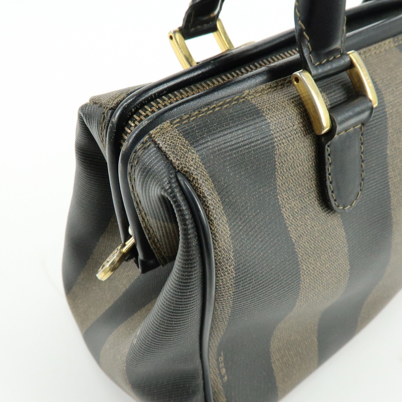 Fendi Pequin Boston Hand Bag - Black, Brown, PVC, Leather