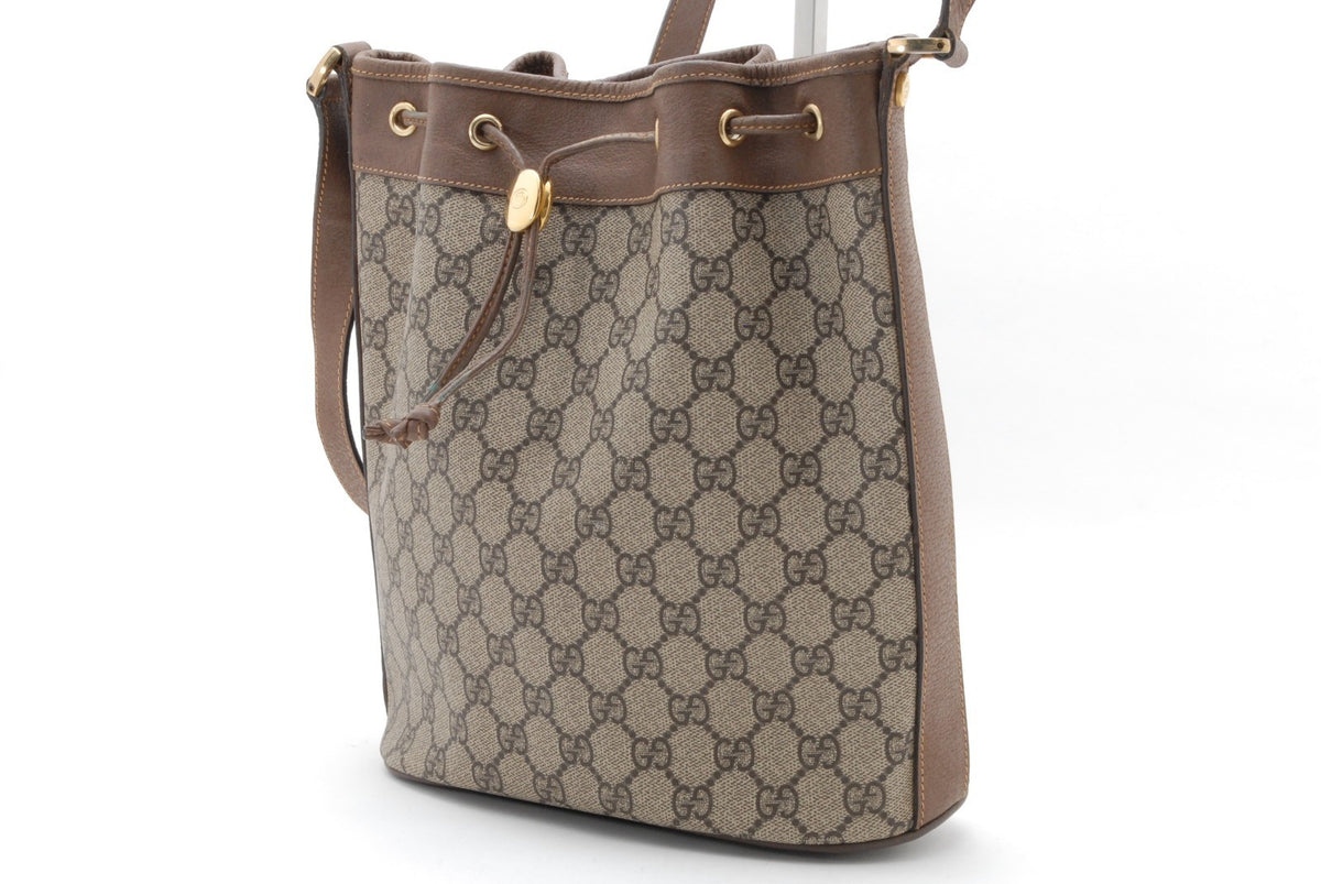 Gucci GG Supreme Monogram Canvas Drawstring Bucket Shoulder Bag - Brown, PVC Leather