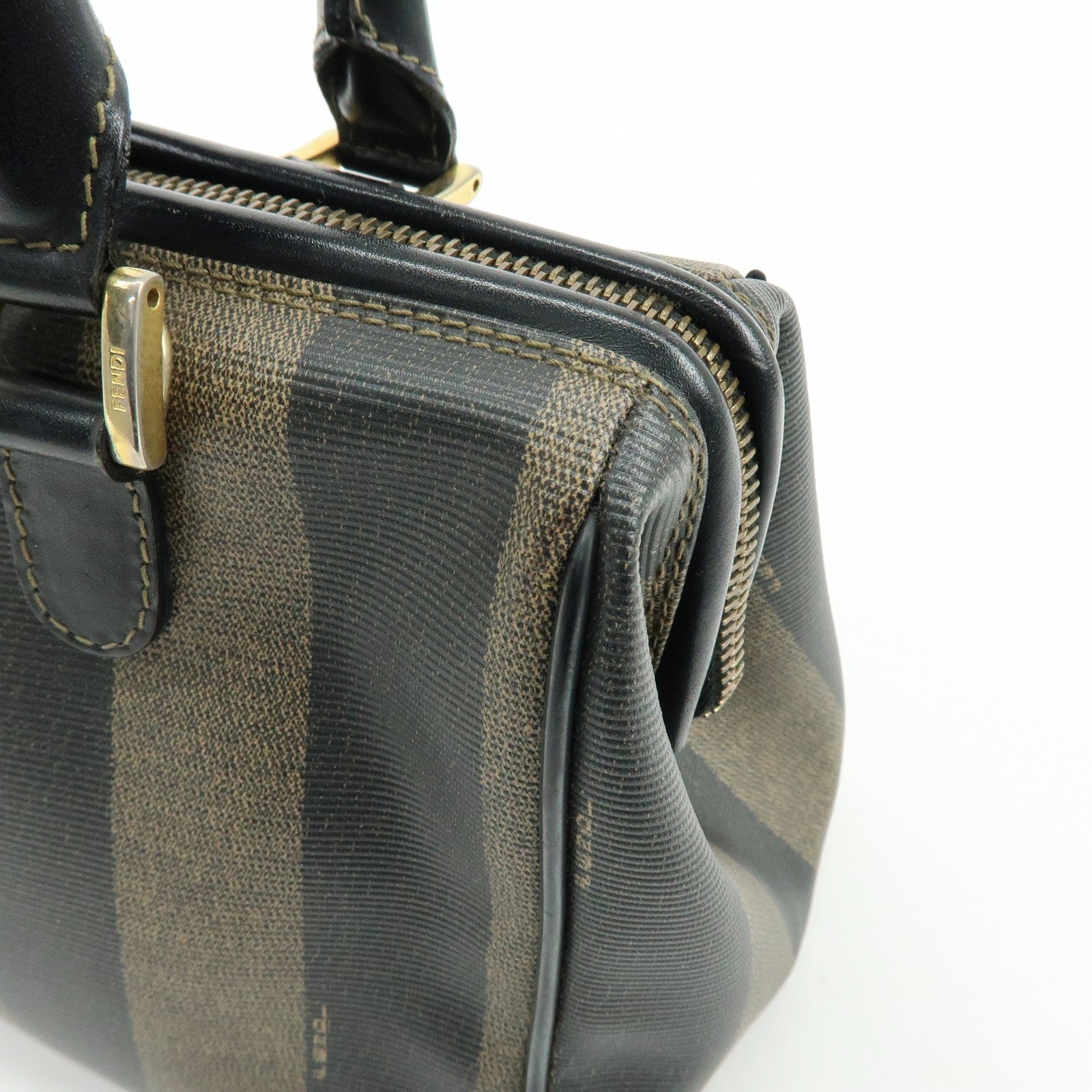 Fendi Pequin Boston Hand Bag - Black, Brown, PVC, Leather