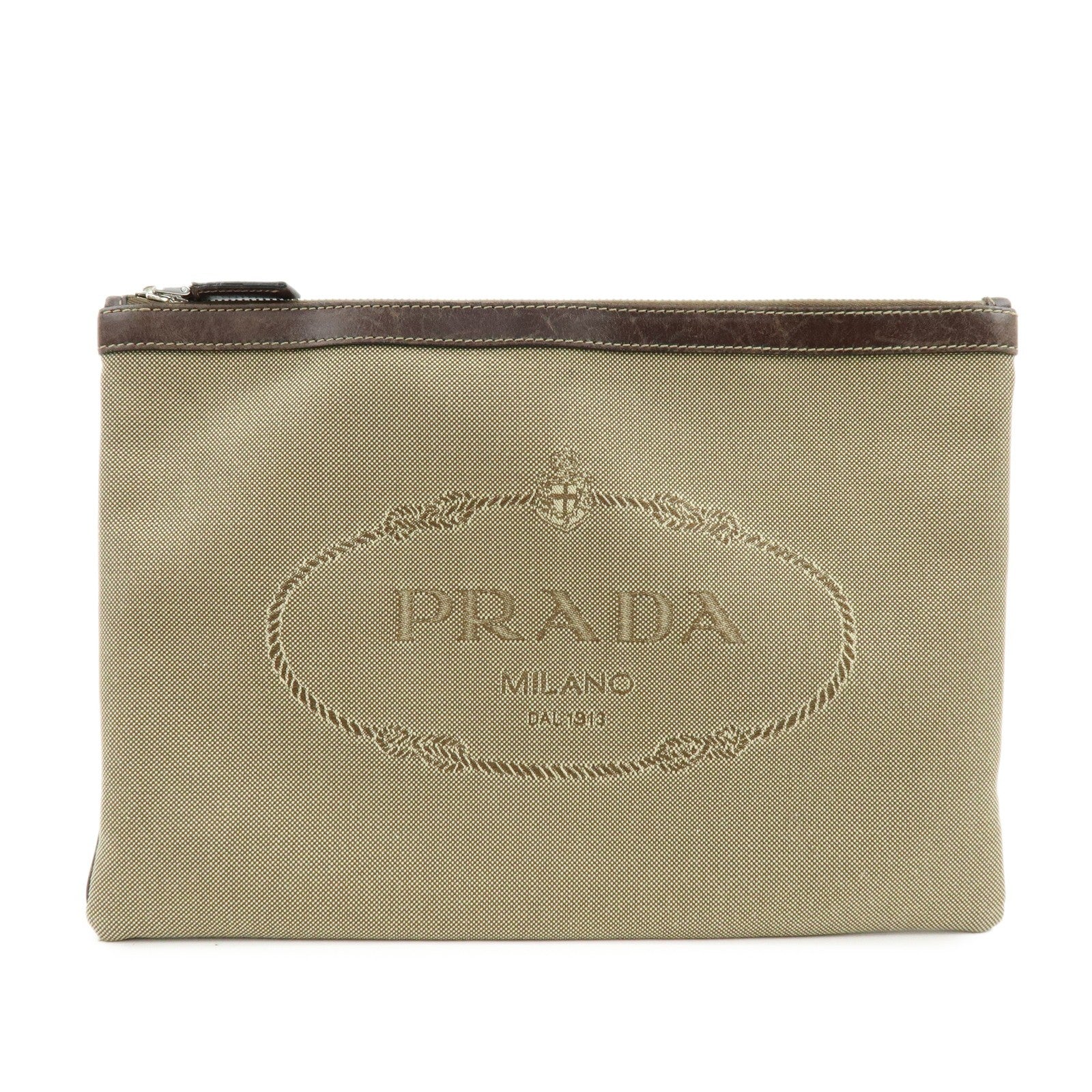 Prada Logo Jacquard Clutch Bag - Khaki, Jacquard Leather