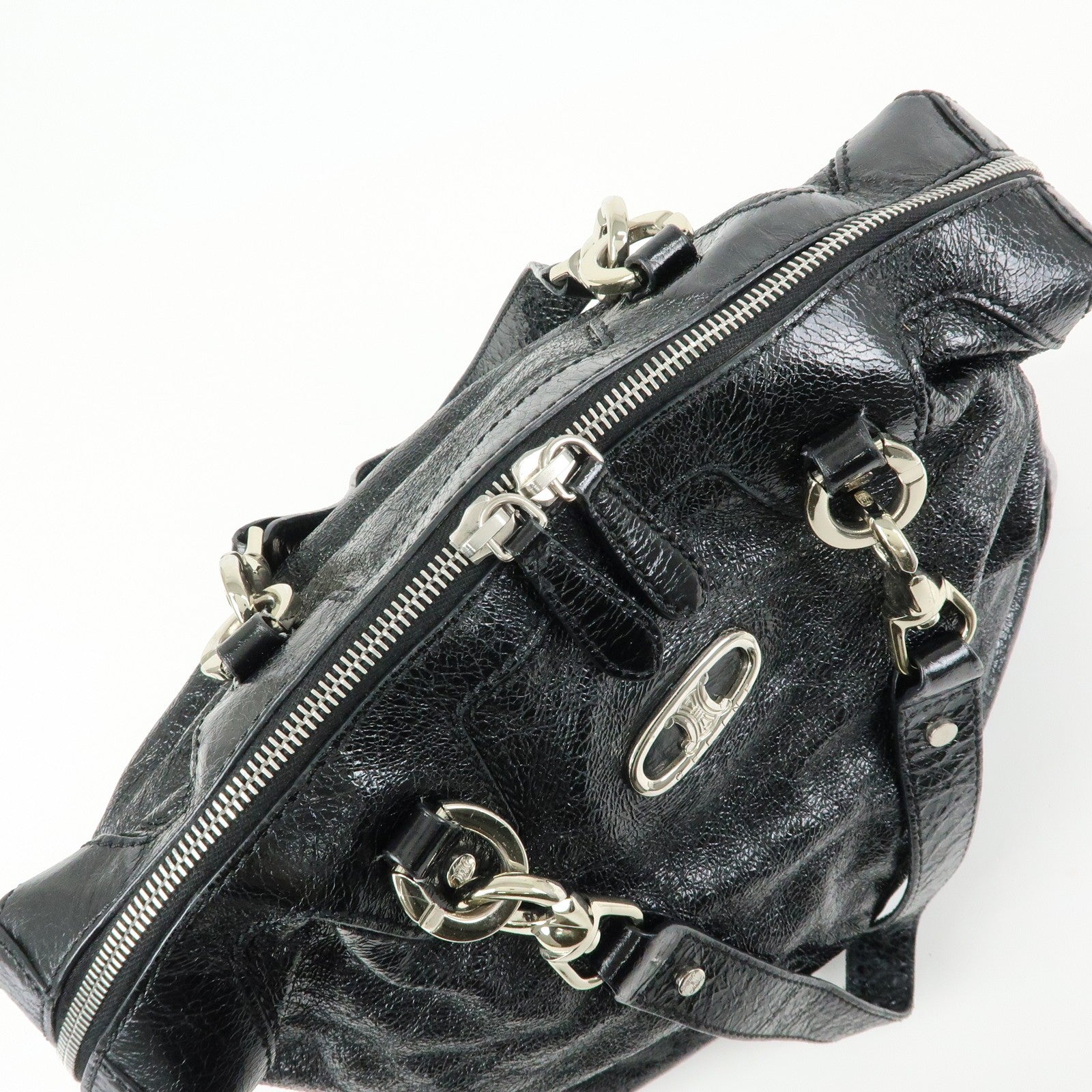 Celine Macadam Stamped Boston Hand Bag - Black, Patent Leather