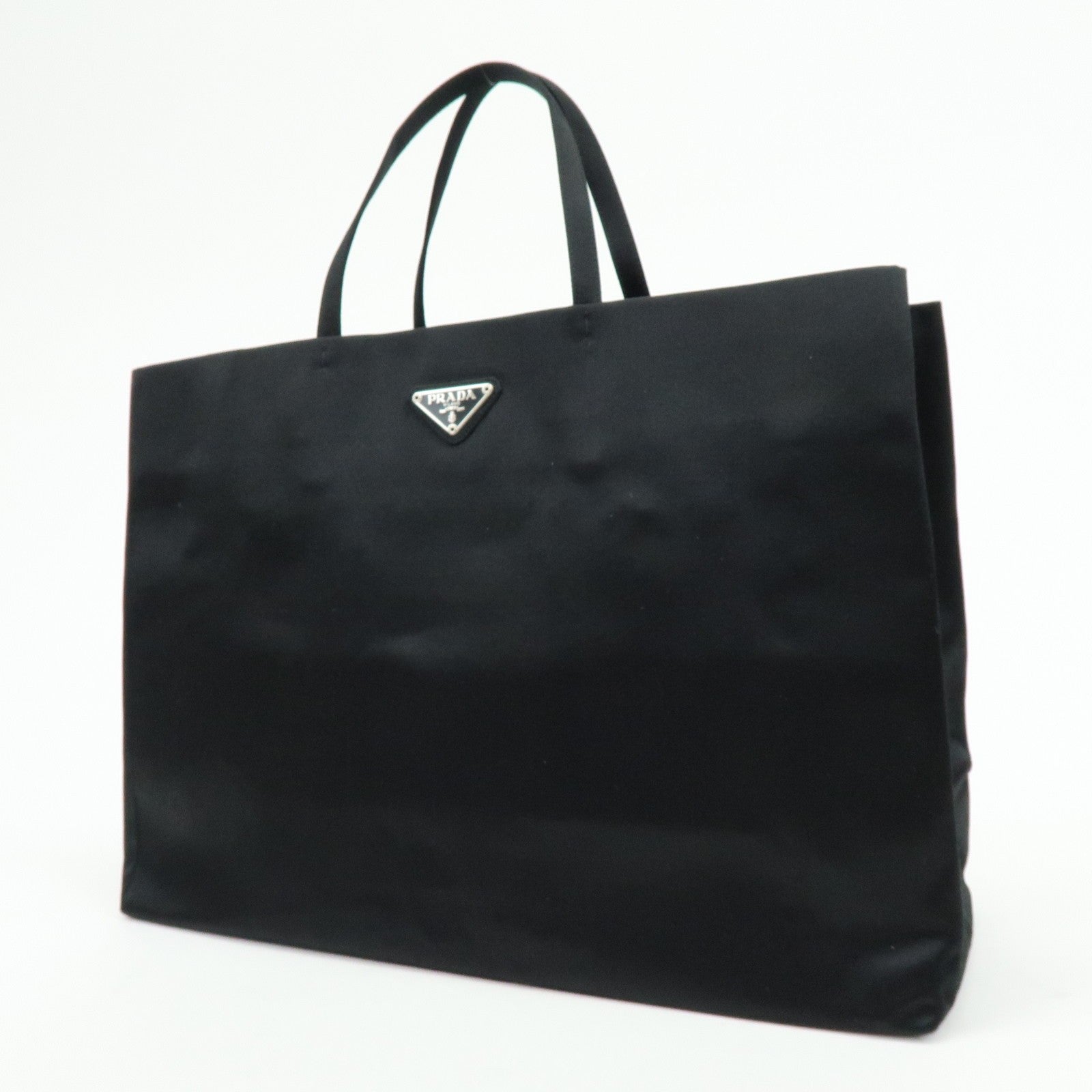 Prada Triangle Logo Tote Hand Bag - Black, Satin