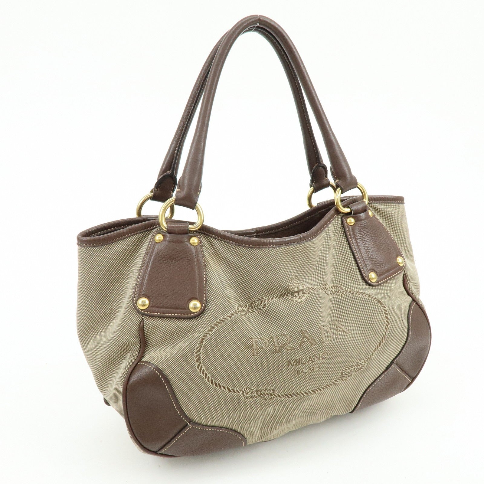 Prada Logo Jacquard Tote Bag - Beige Brown, Leather