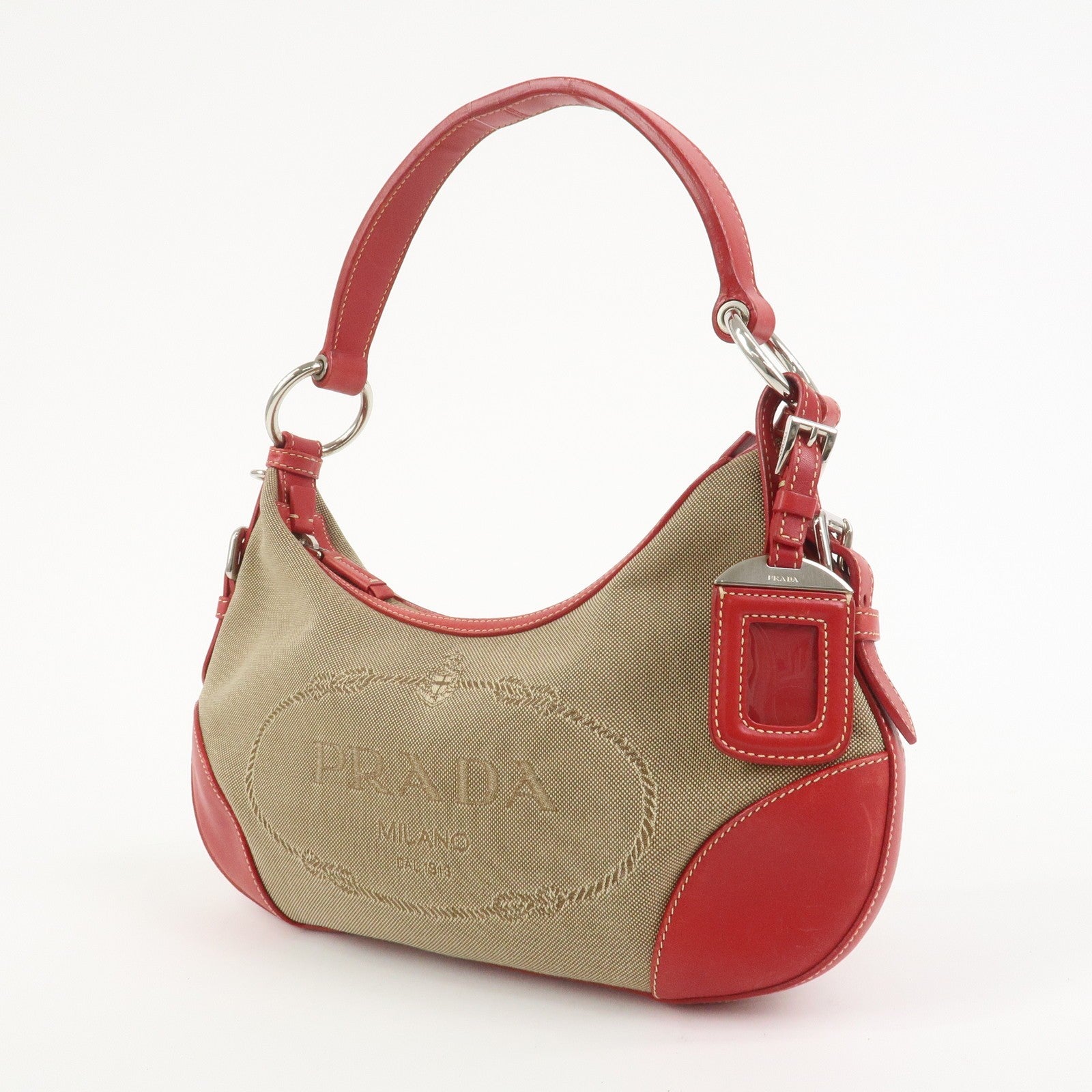 Prada Shoulder Bag - Light Brown, Red, Logo Jacquard, Leather