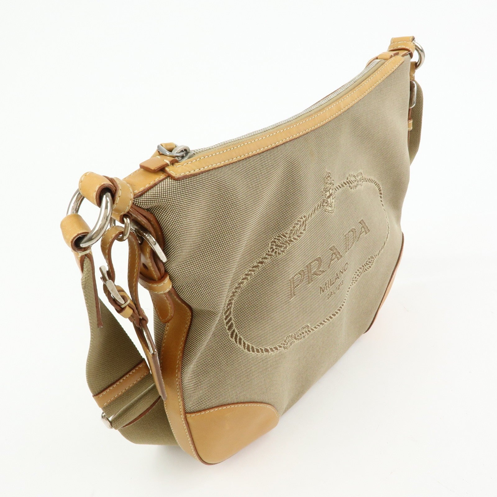 Prada Logo Jacquard Shoulder Bag - Camel, Leather