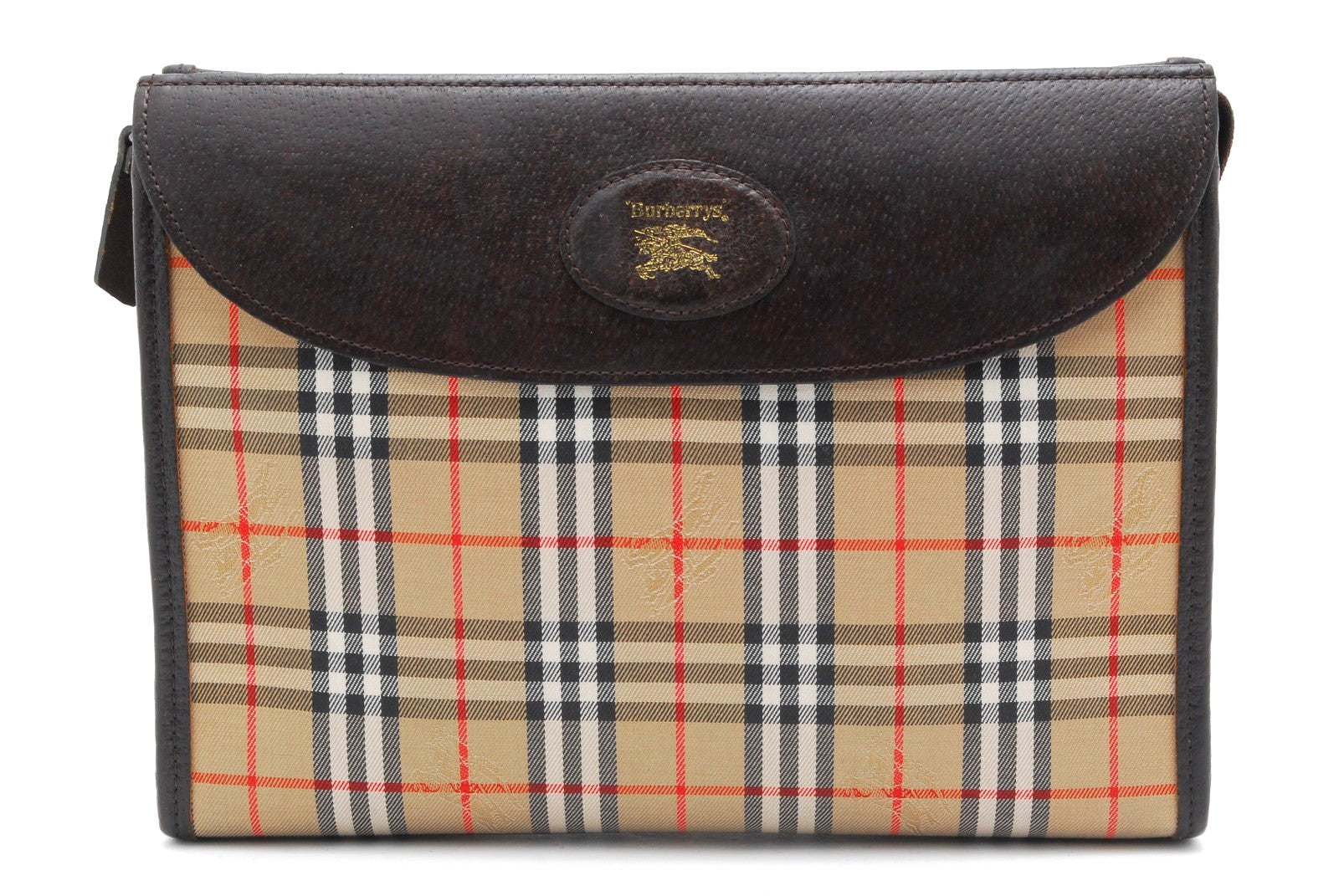 Burberry Nova Check Clutch Pouch Bag - Brown, Leather Fabric