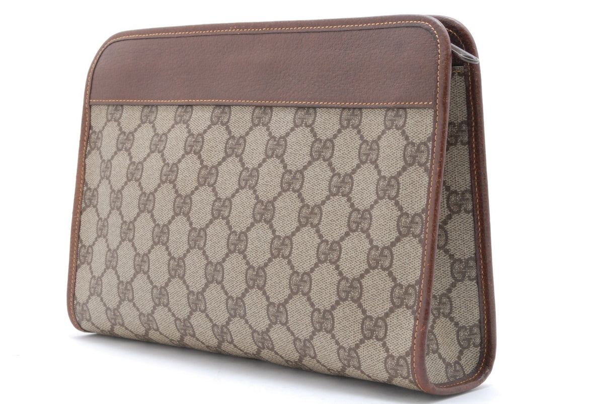 Gucci GG Supreme Clutch Hand Bag - Beige Brown, PVC Leather