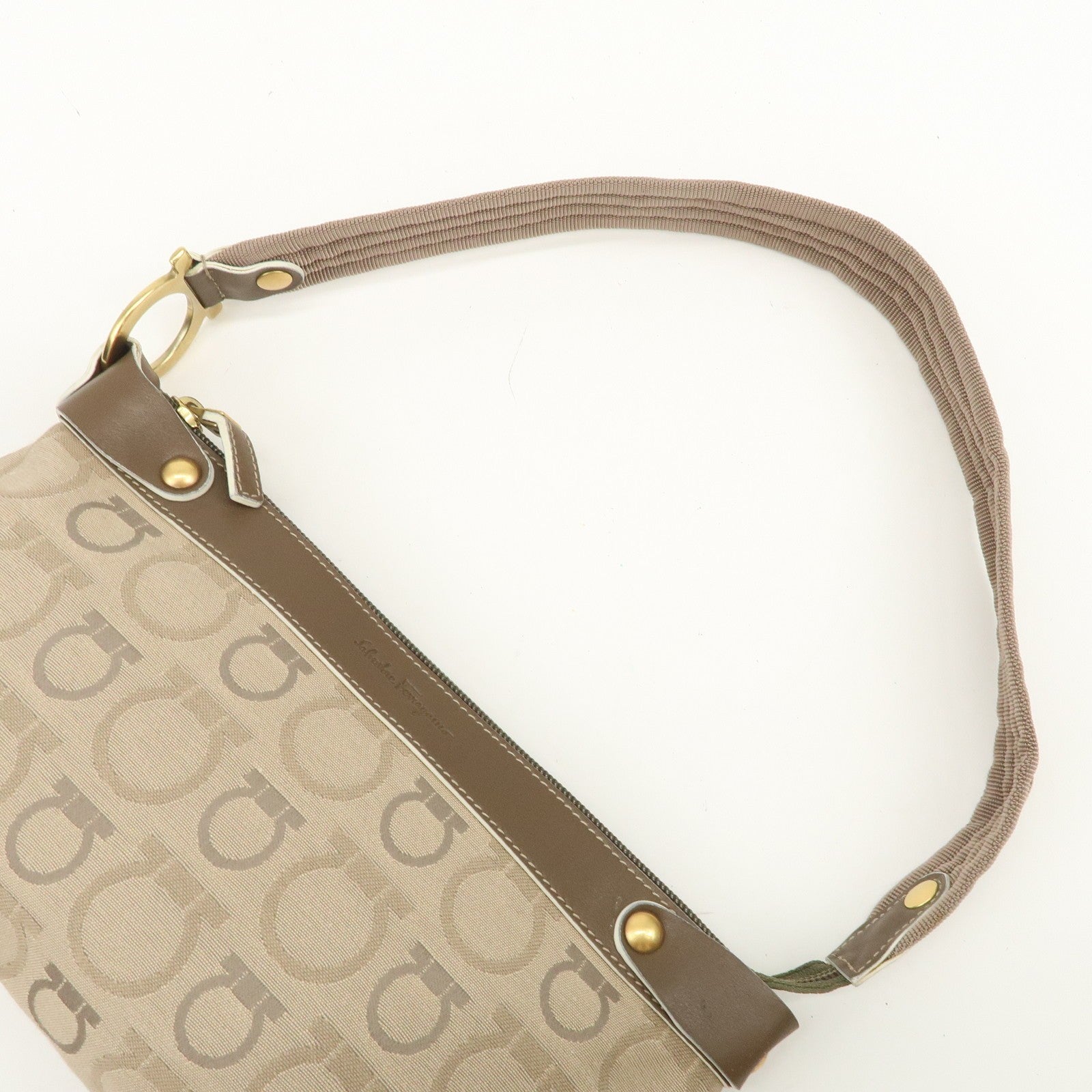 Ferragamo Gancini Shoulder Hand Bag - Beige Brown, Canvas Leather 