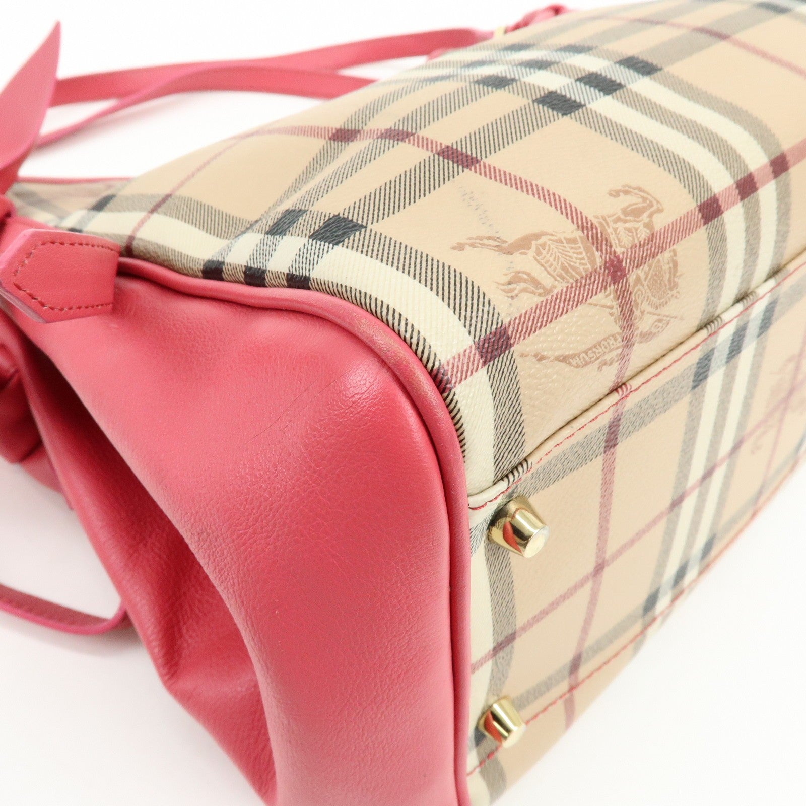 Burberry Side Ribbon Hand Bag - Nova Plaid Brown Pink, PVC Coating Canvas, Leather