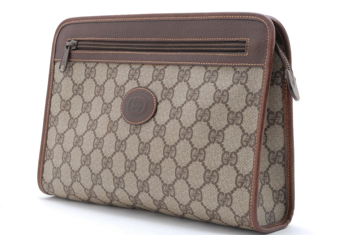 Gucci GG Supreme Clutch Hand Bag - Beige Brown, PVC Leather