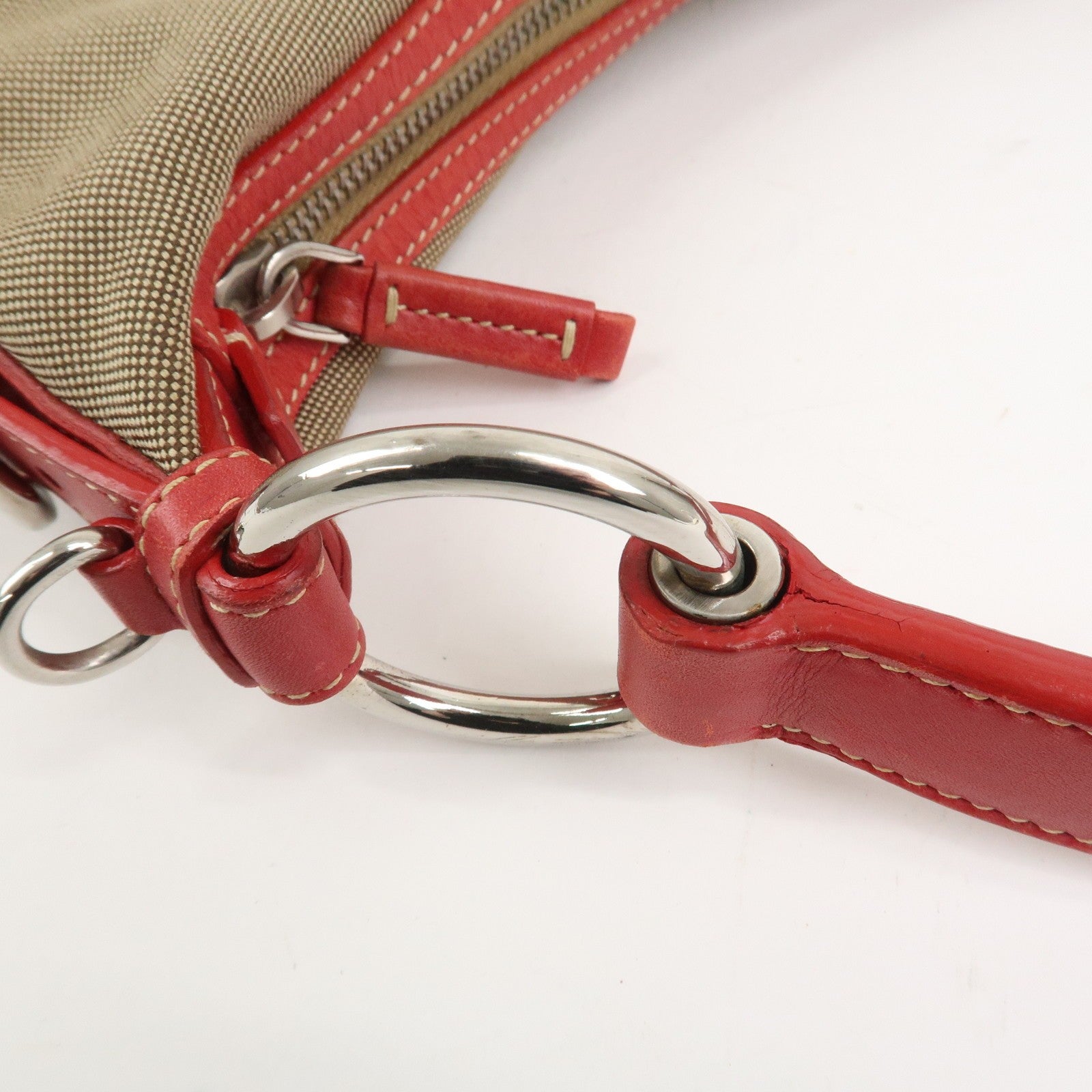 Prada Shoulder Bag - Light Brown, Red, Logo Jacquard, Leather