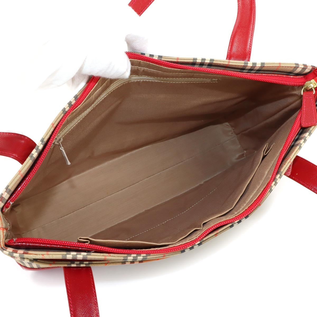 Burberry Plaid Tote Bag - Brown, Red, Canvas, Leather