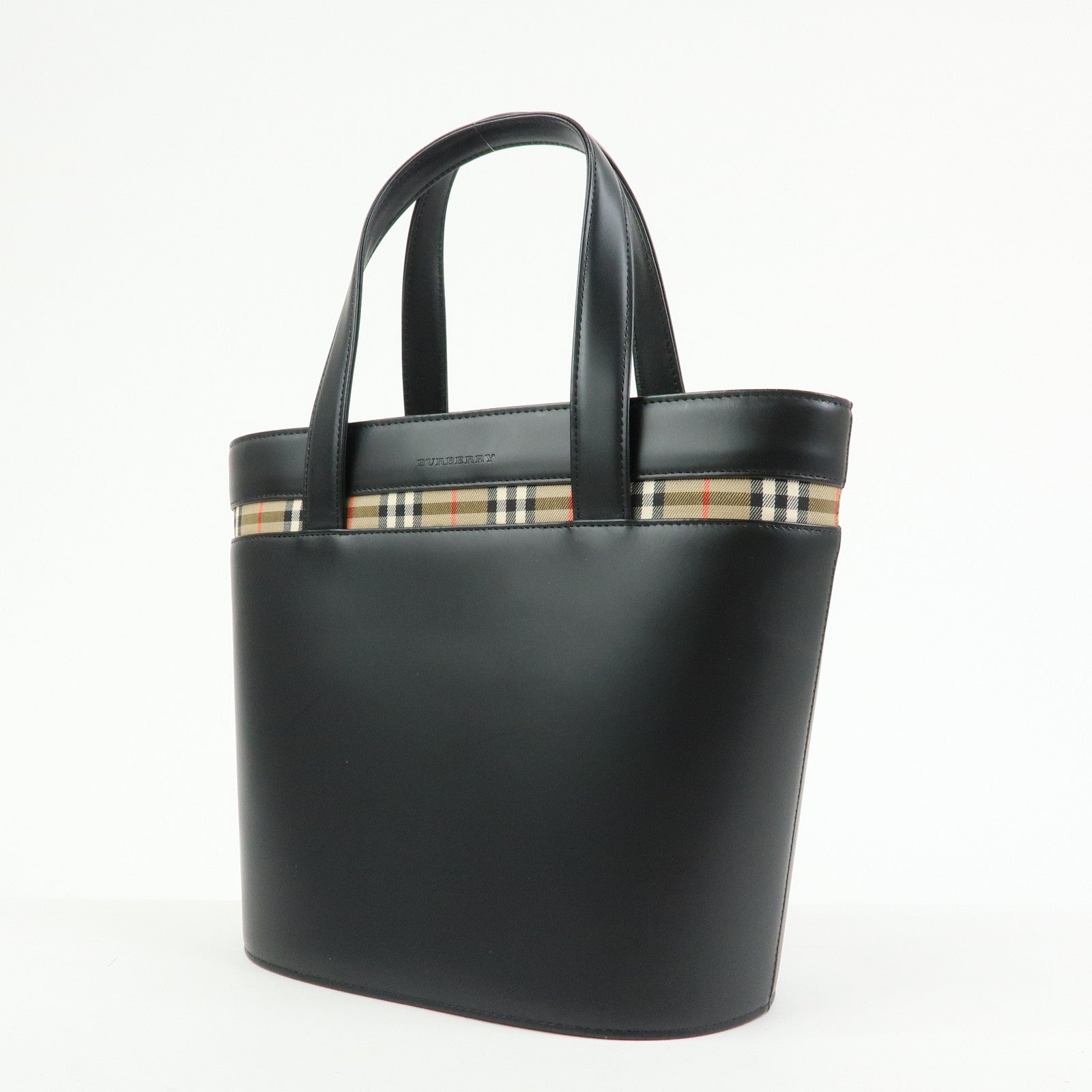 Burberry Nova Plaid Tote Bag - Black, Leather and Canvas