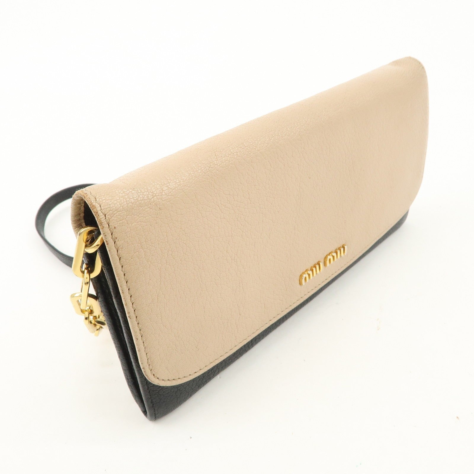 Miu Miu Madras Leather Chain Shoulder Wallet - Beige Black, Leather