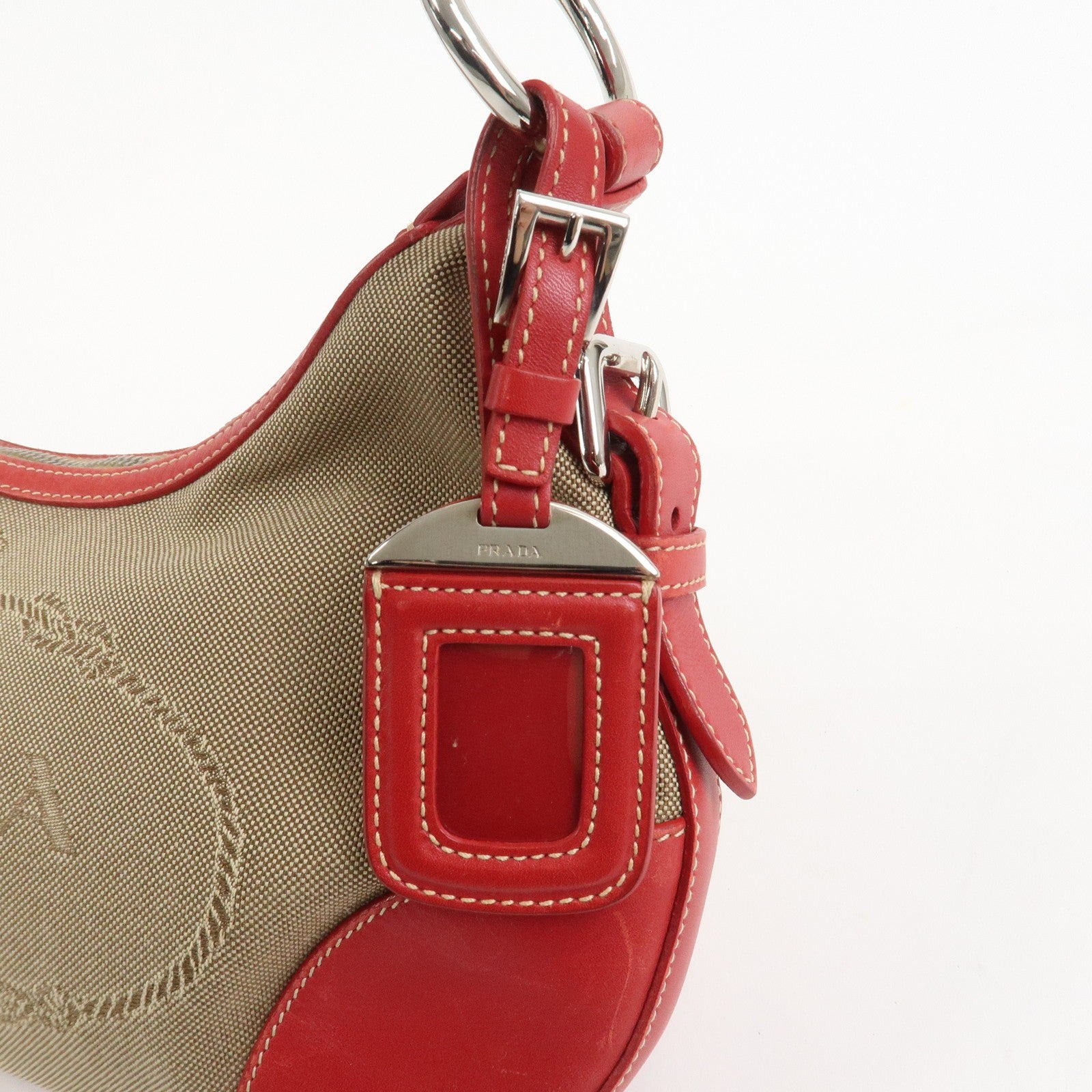 Prada Shoulder Bag - Light Brown, Red, Logo Jacquard, Leather