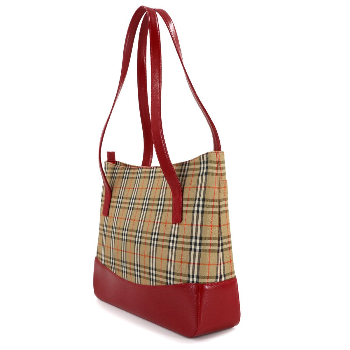 Burberry Plaid Tote Bag - Brown, Red, Canvas, Leather