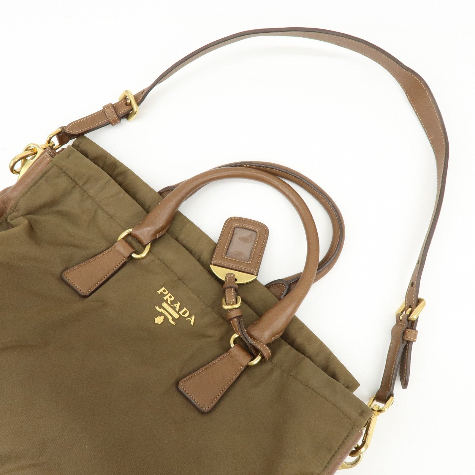 Prada Triangle Logo 2Way Bag - Khaki Brown, Nylon Saffiano Leather