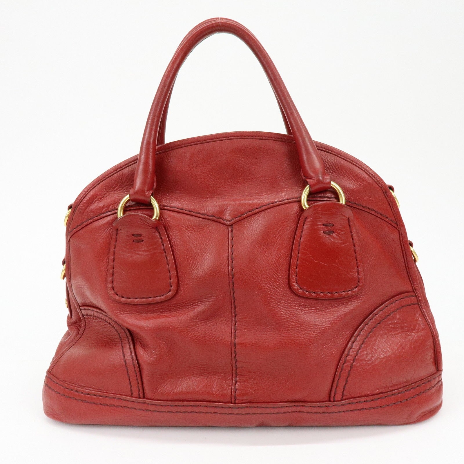 Prada Cervo Shine Leather Bowler Bag 2Way Tote Bag - Red, Leather