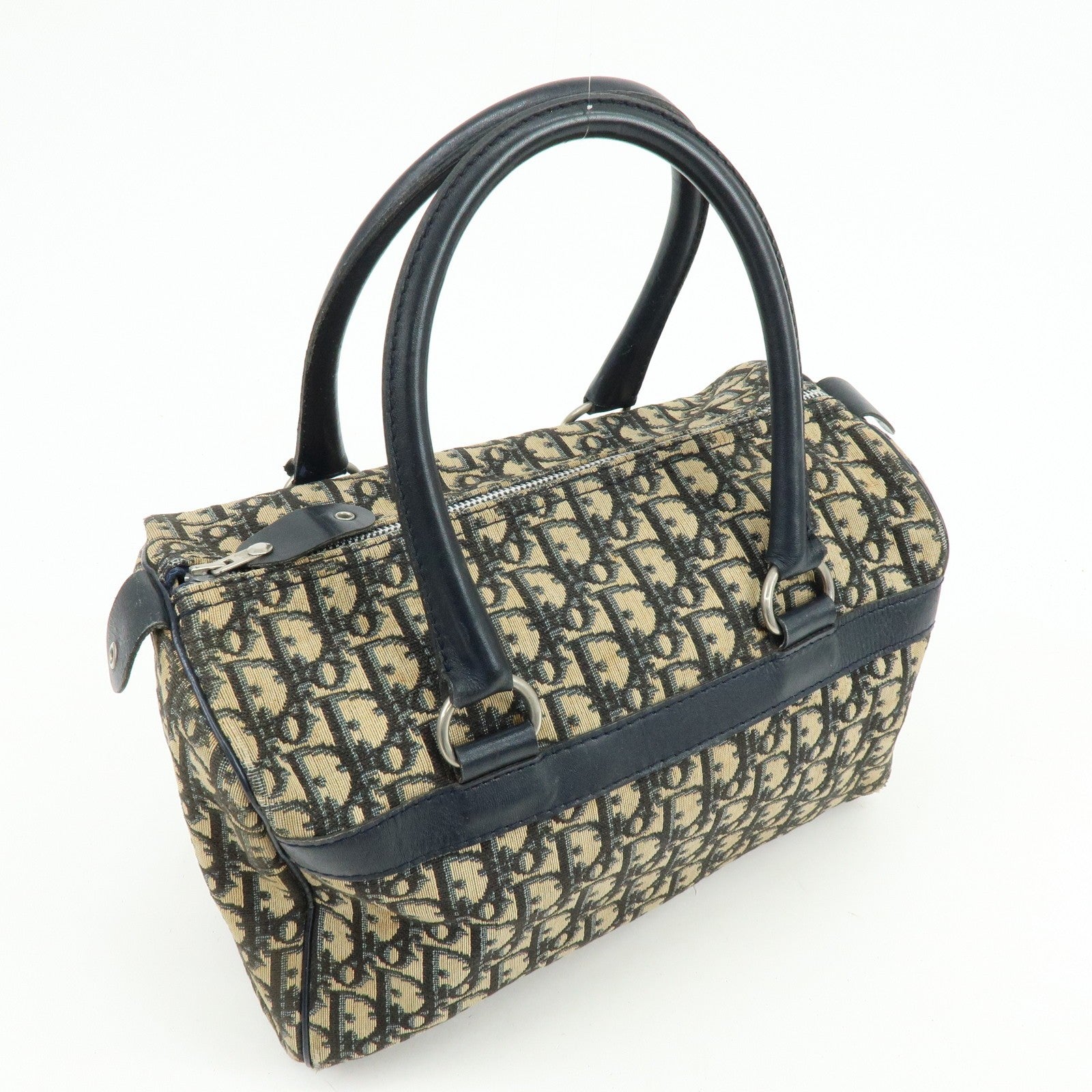 Christian Dior Trotter Boston Hand Bag - Beige Navy, Leather 