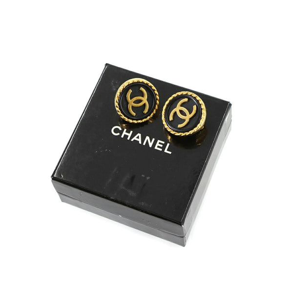Chanel Round Coco Logos Earrings - Black, Gold 