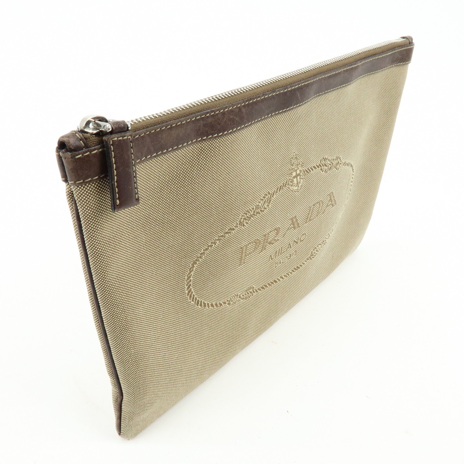 Prada Logo Jacquard Clutch Bag - Khaki, Jacquard Leather