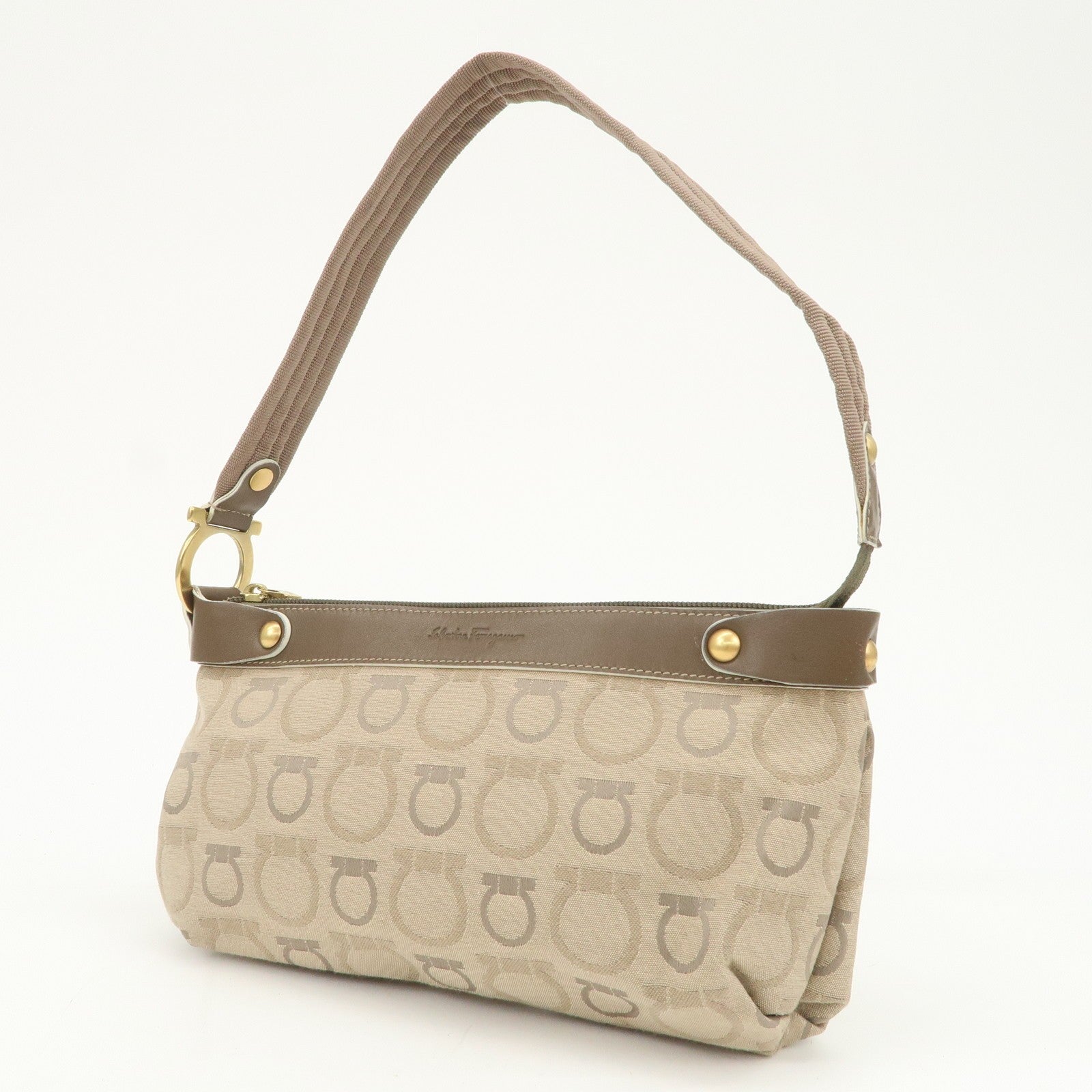 Ferragamo Gancini Shoulder Hand Bag - Beige Brown, Canvas Leather 
