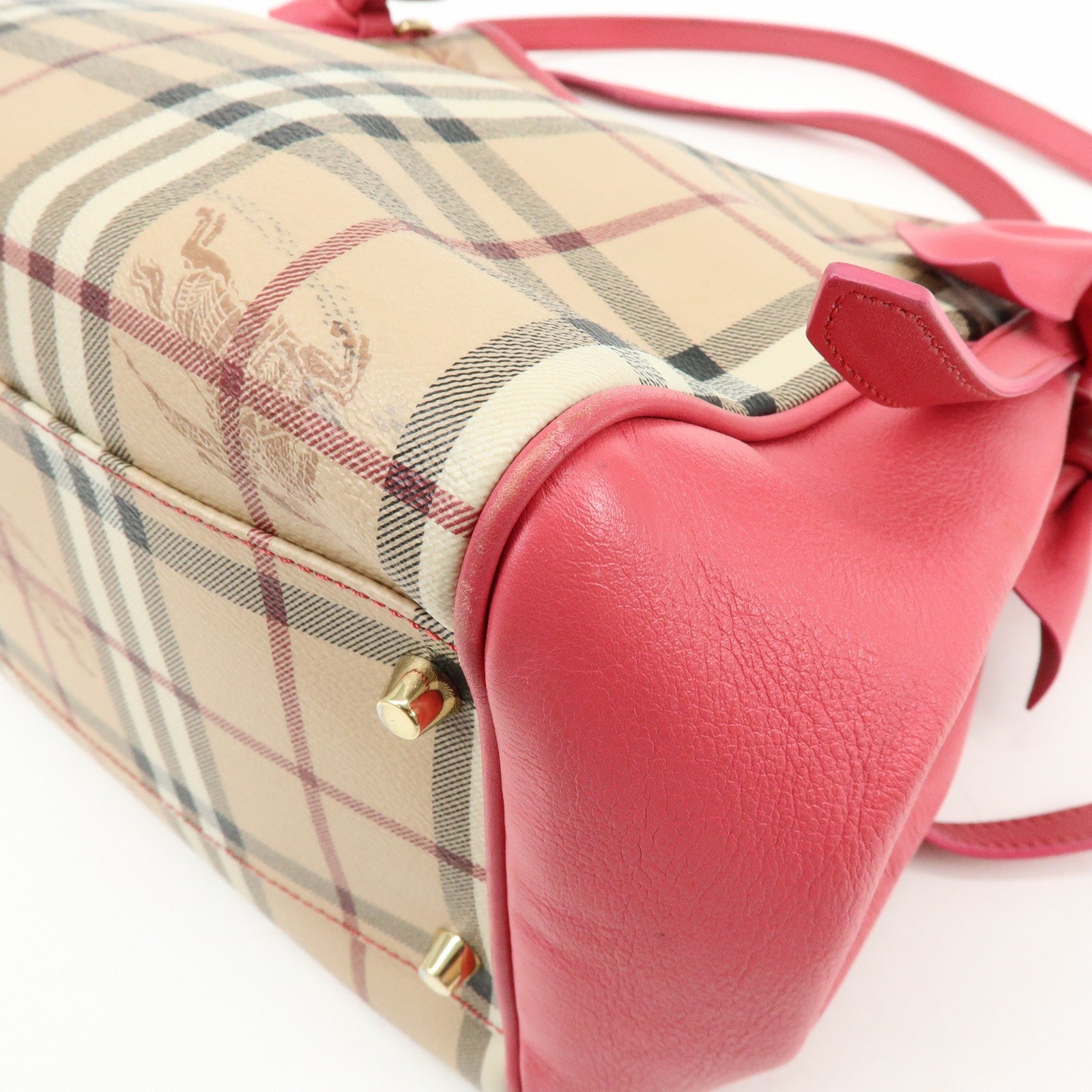 Burberry Side Ribbon Hand Bag - Nova Plaid Brown Pink, PVC Coating Canvas, Leather