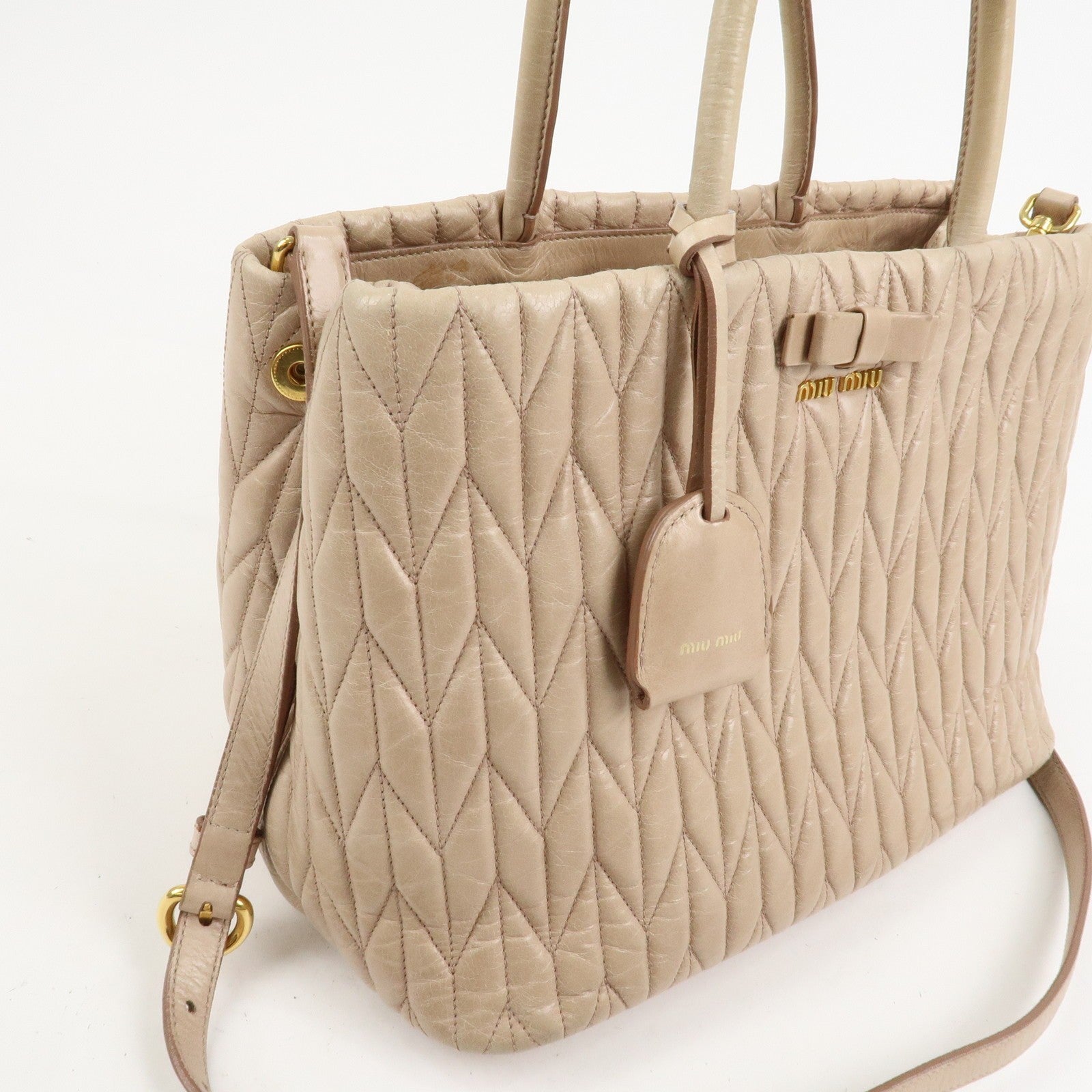 Miu Miu Leather Ribbon 2Way Shoulder Bag Beige, Leather