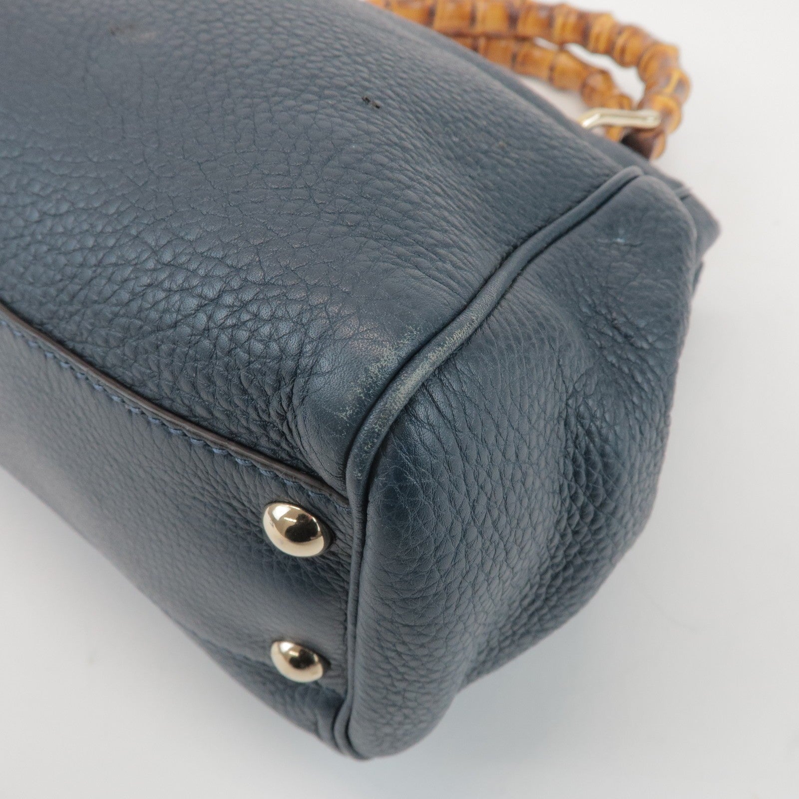 GUCCI Bamboo Calf Leather 2 Way Bag Tote Bag Navy