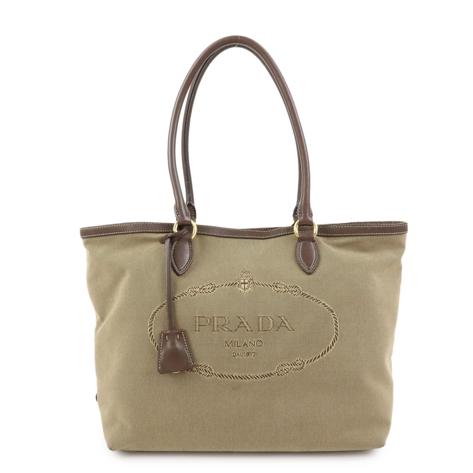 Prada Triangle Logo Jacquard Tote Shoulder Bag - Beige, Leather