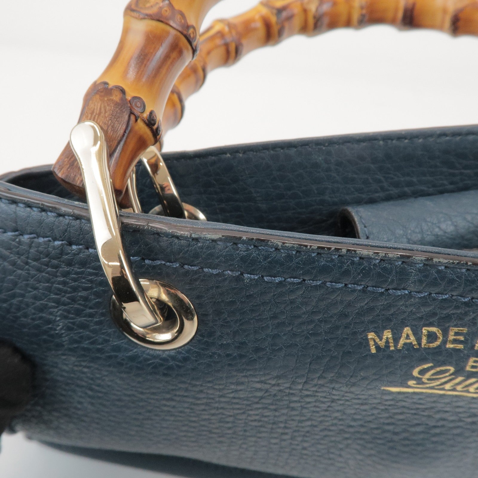 GUCCI Bamboo Calf Leather 2 Way Bag Tote Bag Navy