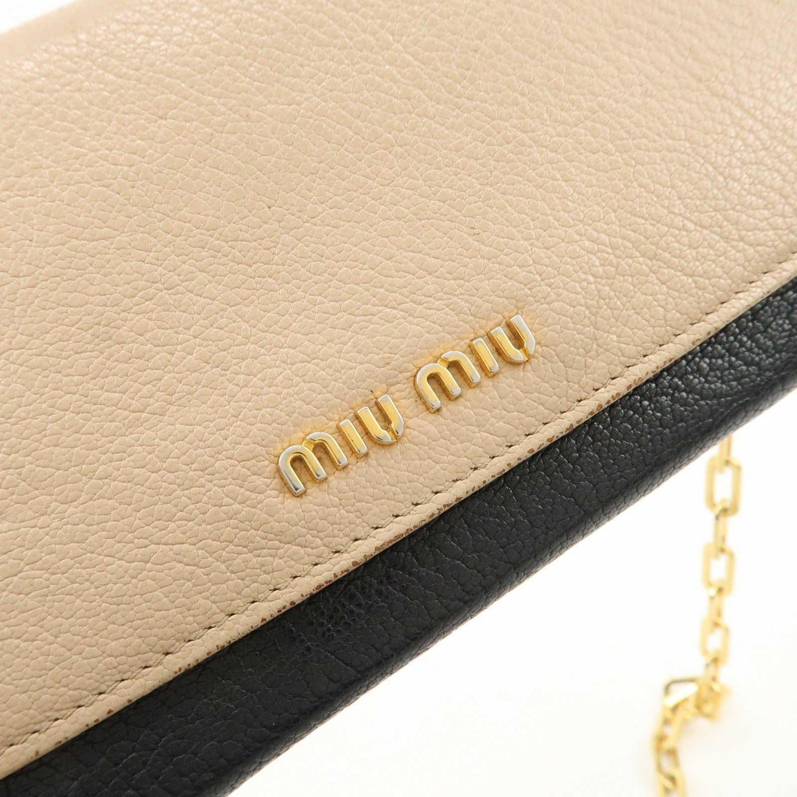 Miu Miu Madras Leather Chain Shoulder Wallet - Beige Black, Leather