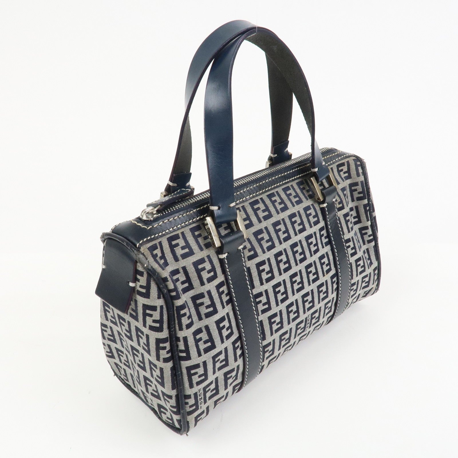 Fendi Boston Hand Bag - Navy, Canvas, Leather