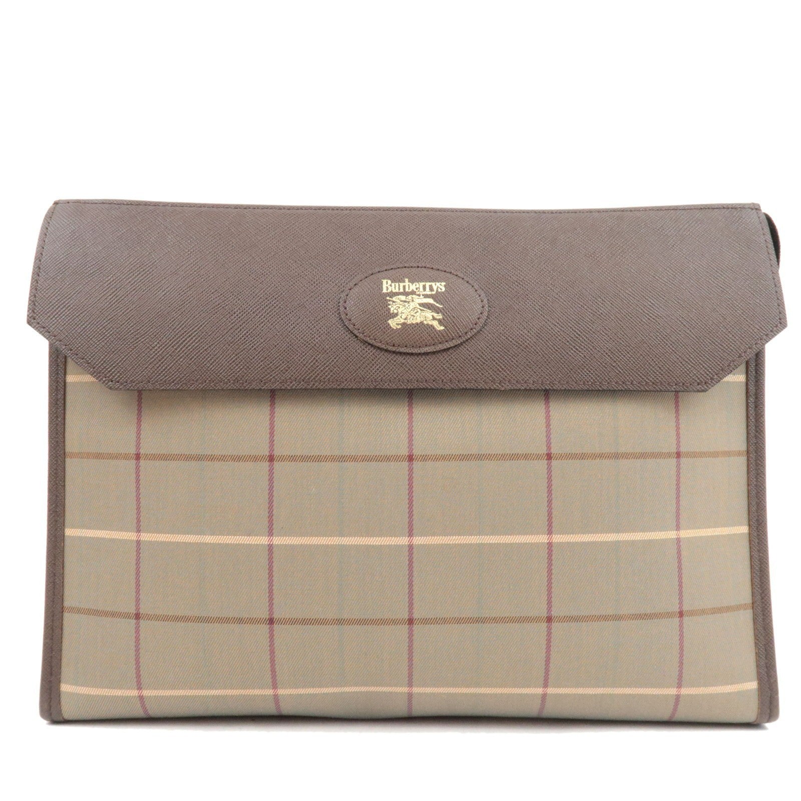 Burberry Plaid Clutch Bag - Khaki Brown, Canvas Leather