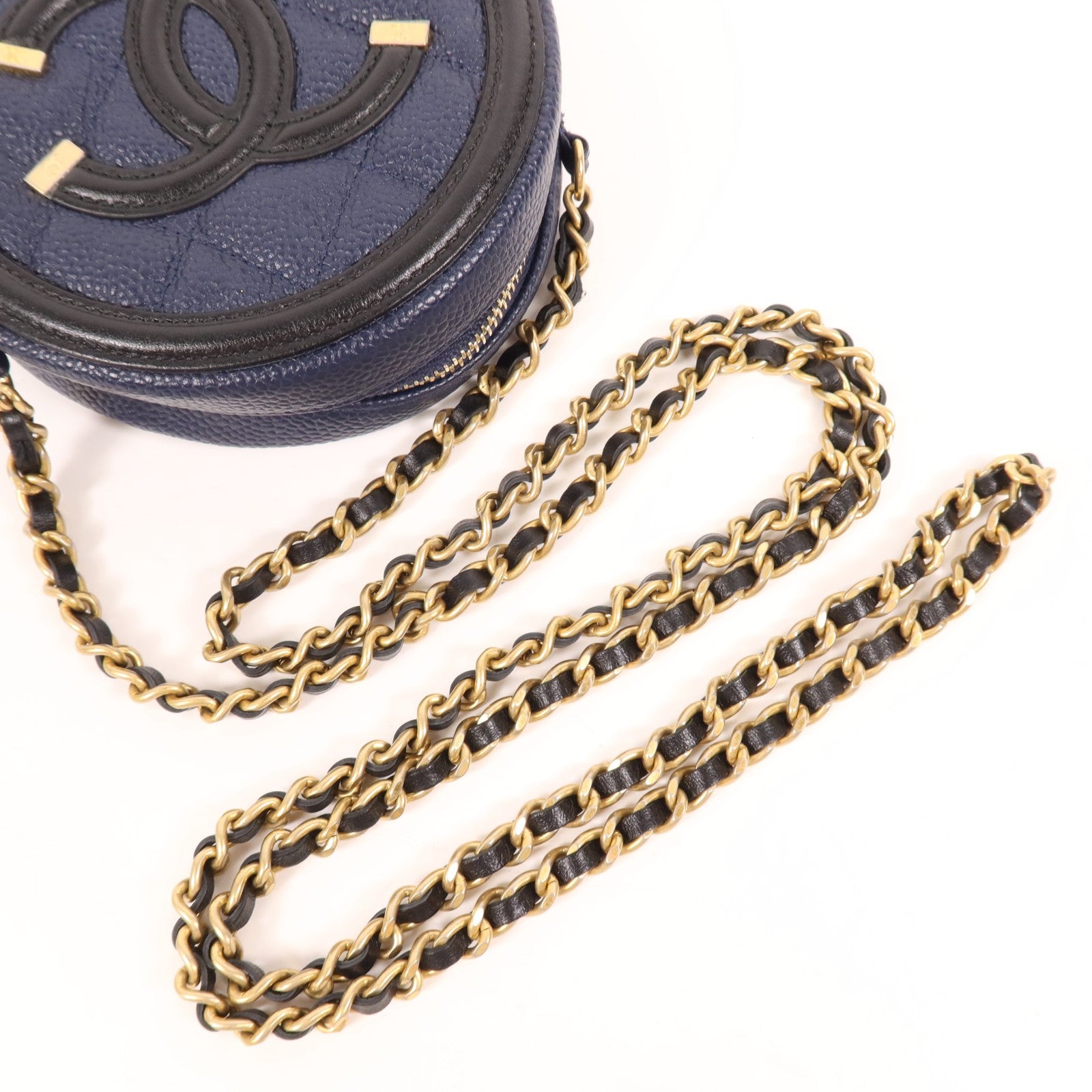 Chanel CC GHW Filigree Round Chain Shoulder Bag - Navy/Black, Calfskin Leather