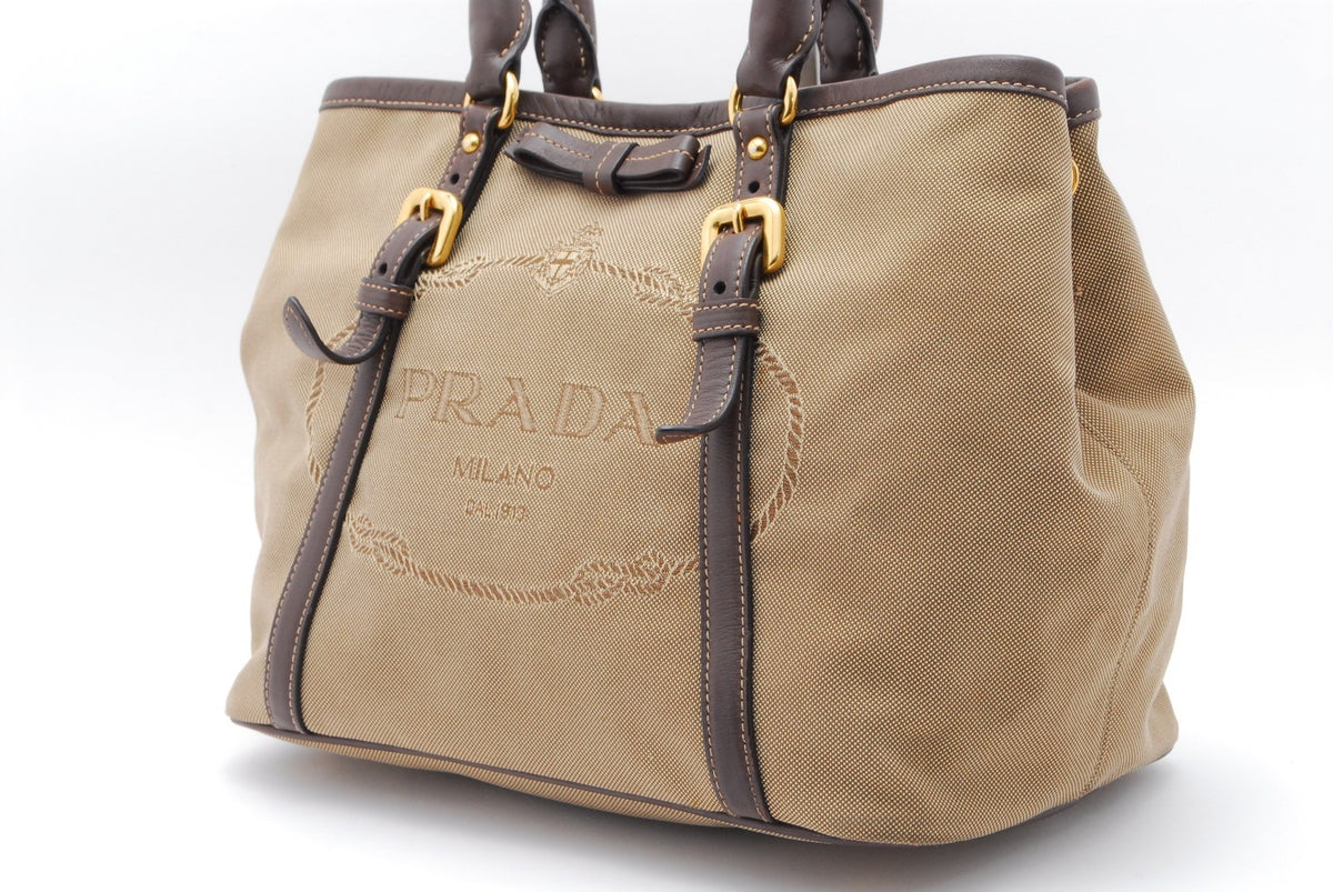 Prada Triangle Logo Tote Bag - Brown, Canvas