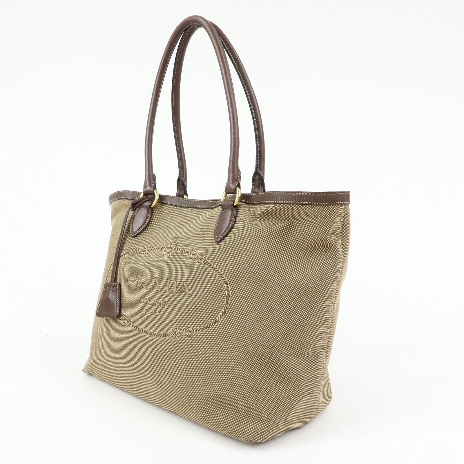 Prada Triangle Logo Jacquard Tote Shoulder Bag - Beige, Leather