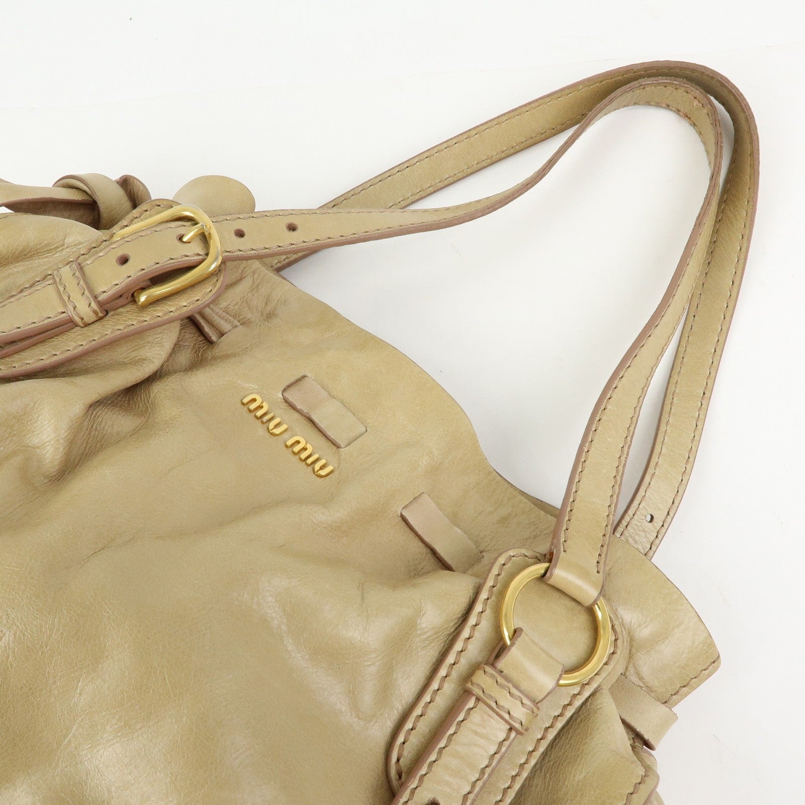 Miu Miu Logo Side Ribbon Shoulder Bag - Beige, Leather 