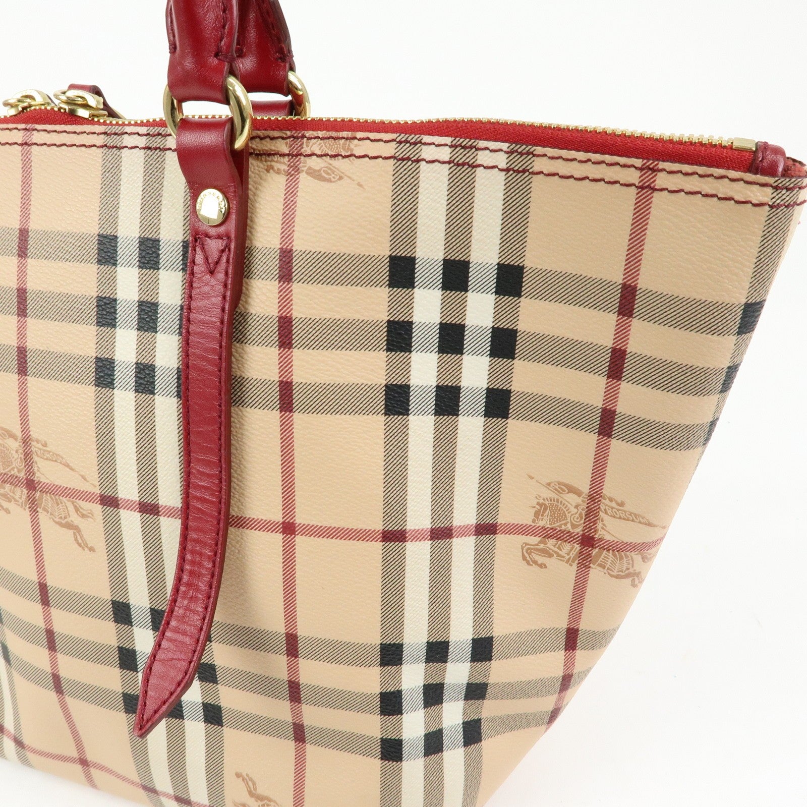 Burberry Nova Plaid Tote Bag - Beige, Red, PVC Leather 