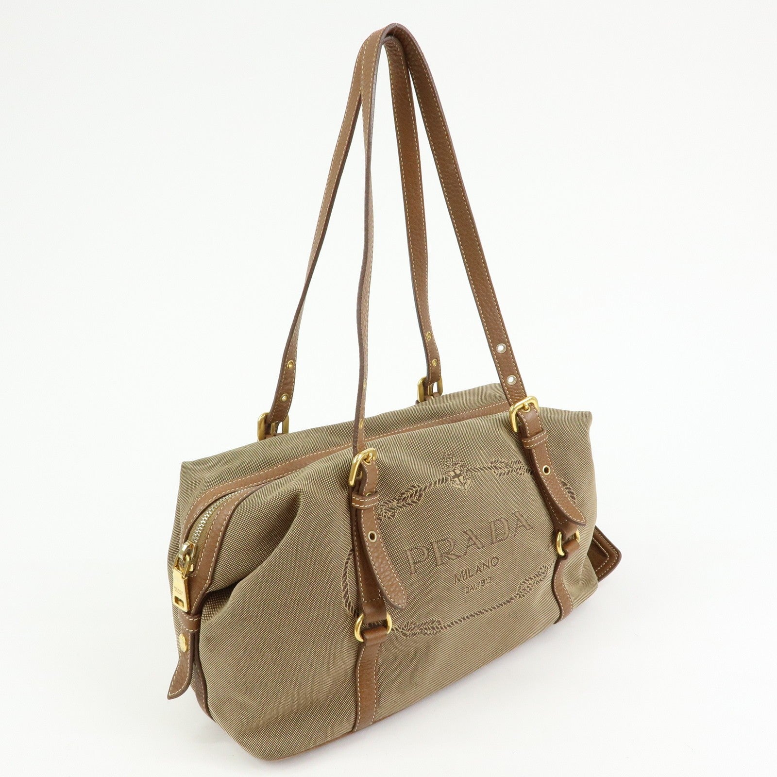 Prada Boston Bag - Beige, Canvas and Leather