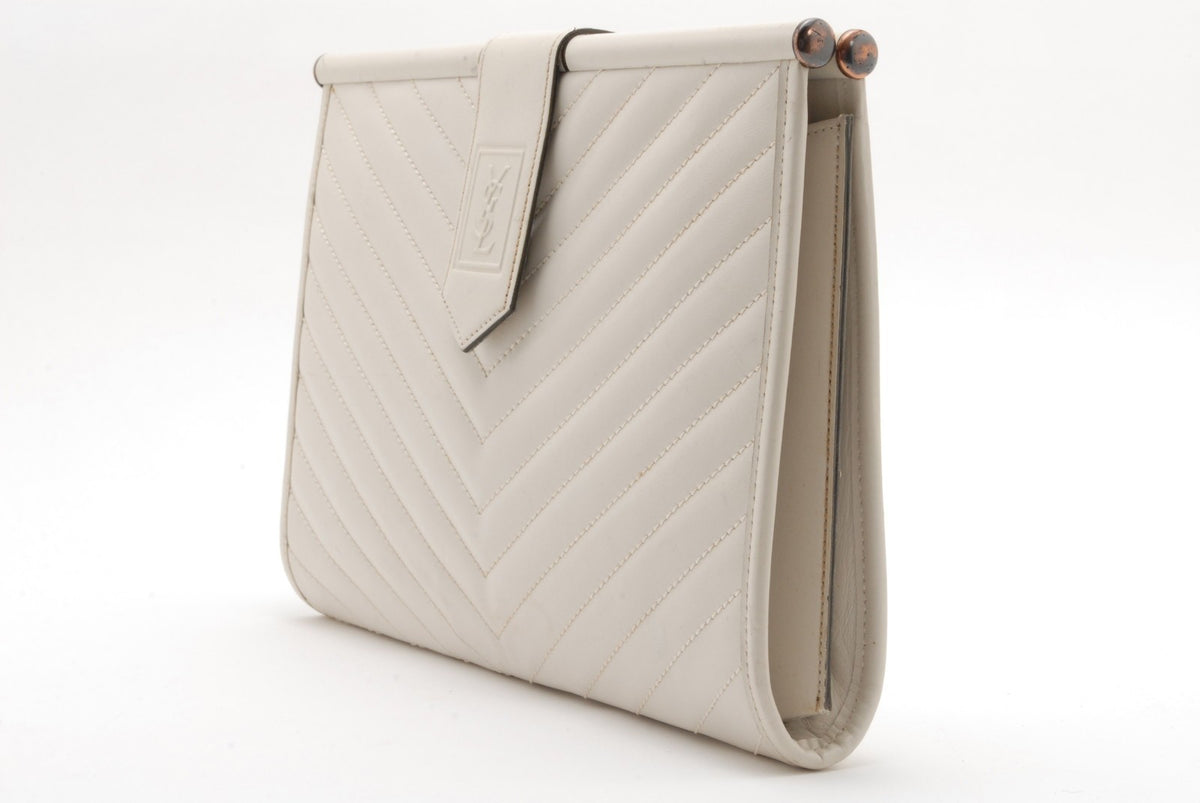 Saint Laurent Chevron Quilted Clutch Bag - White, Leather