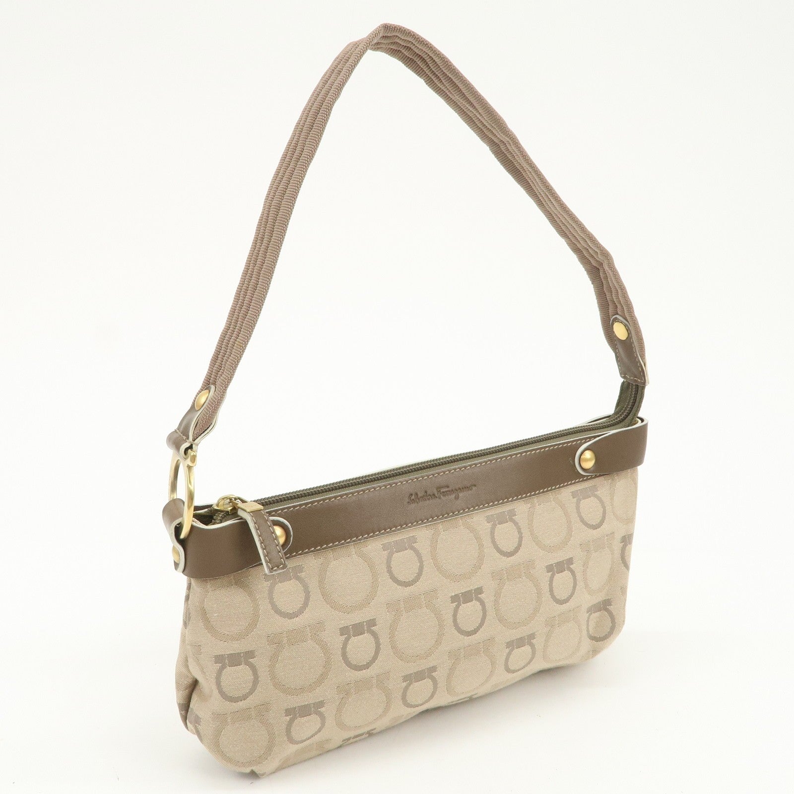 Ferragamo Gancini Shoulder Hand Bag - Beige Brown, Canvas Leather 