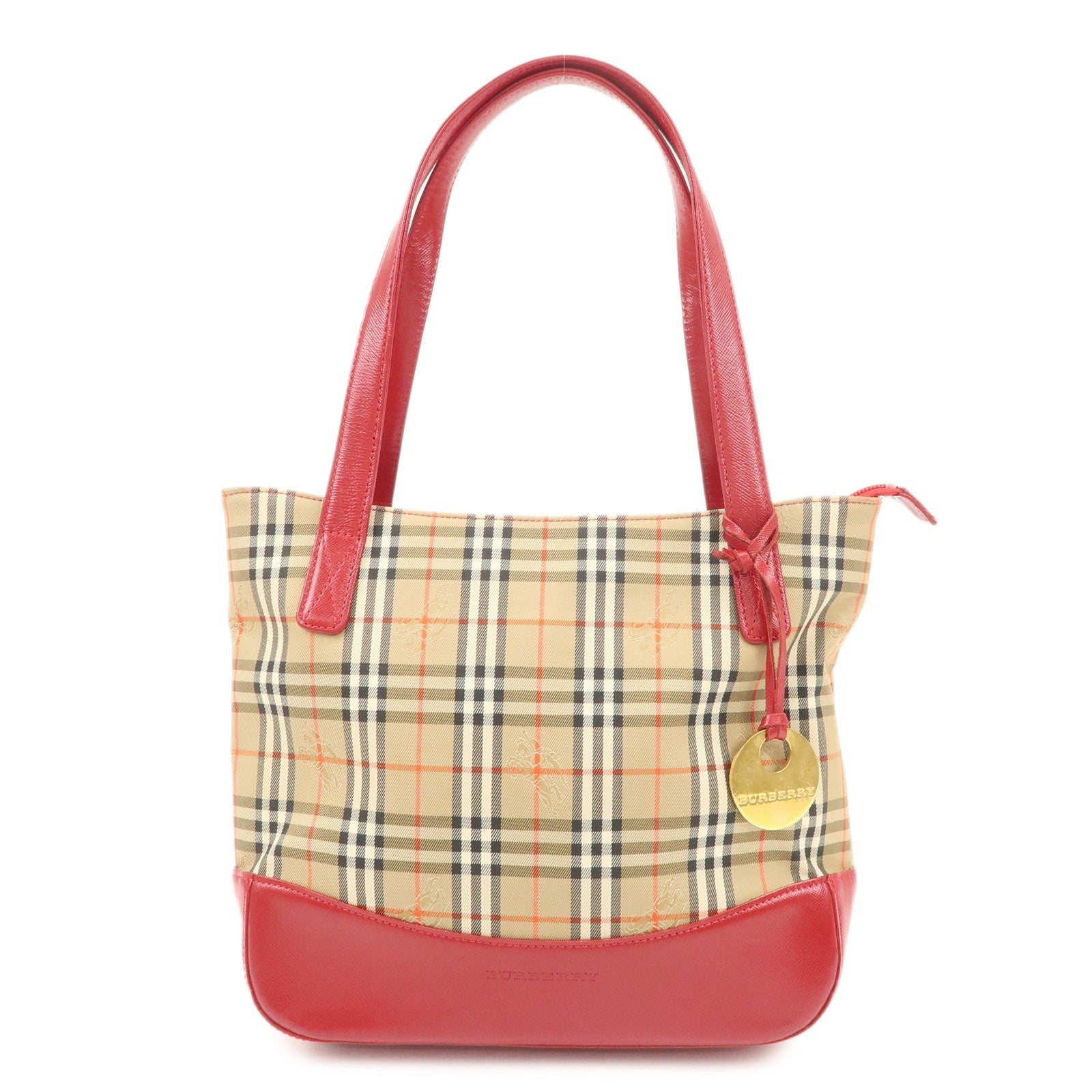 Burberry Nova Plaid Tote Bag - Red Beige, Leather Canvas