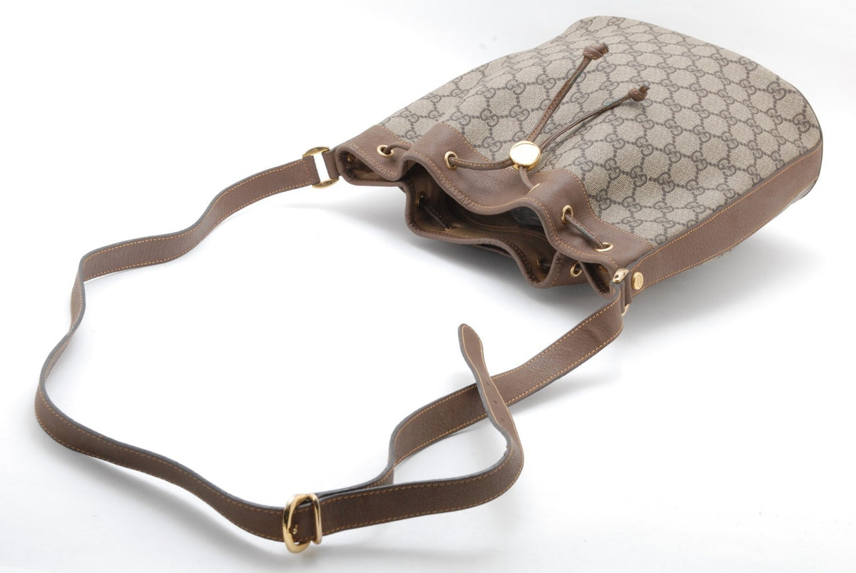Gucci GG Supreme Monogram Canvas Drawstring Bucket Shoulder Bag - Brown, PVC Leather