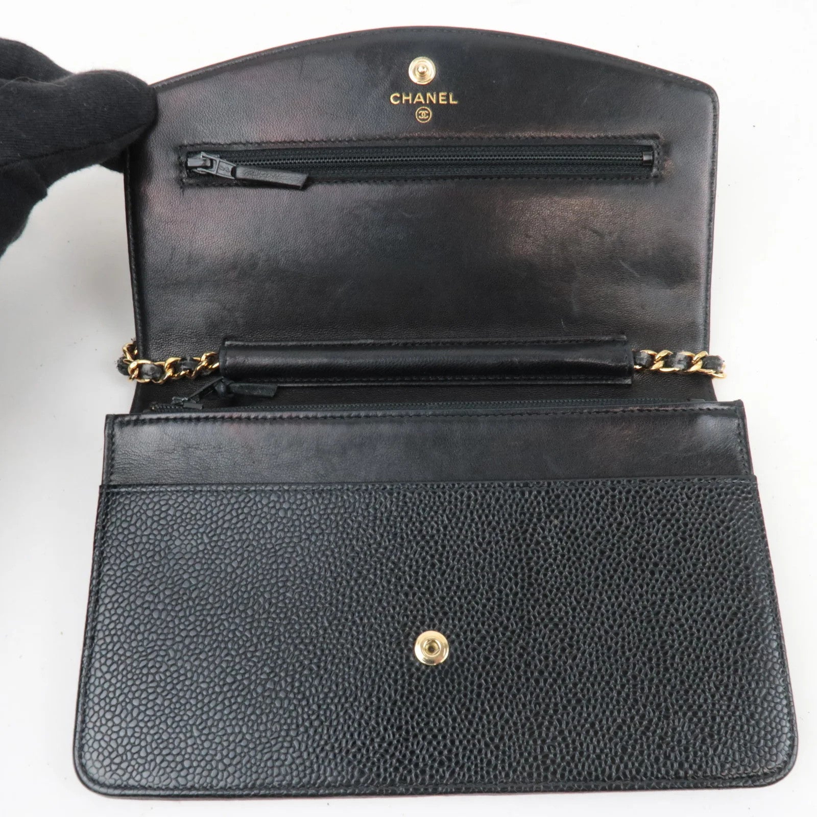 CHANEL Caviarskin Chain Wallet WOC Shoulder Bag - Black, Caviarskin