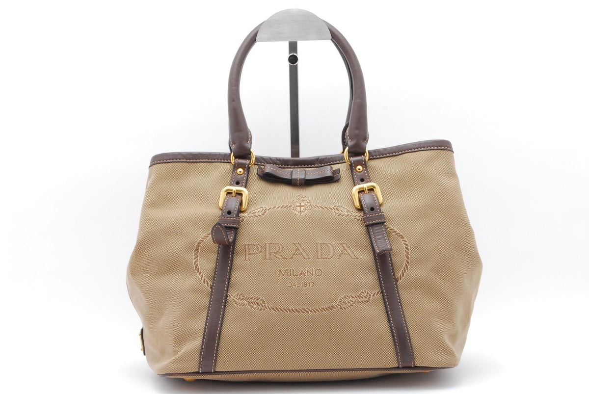 Prada Triangle Logo Tote Bag - Brown, Canvas
