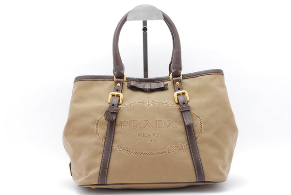 Prada Triangle Logo Tote Bag - Brown, Canvas